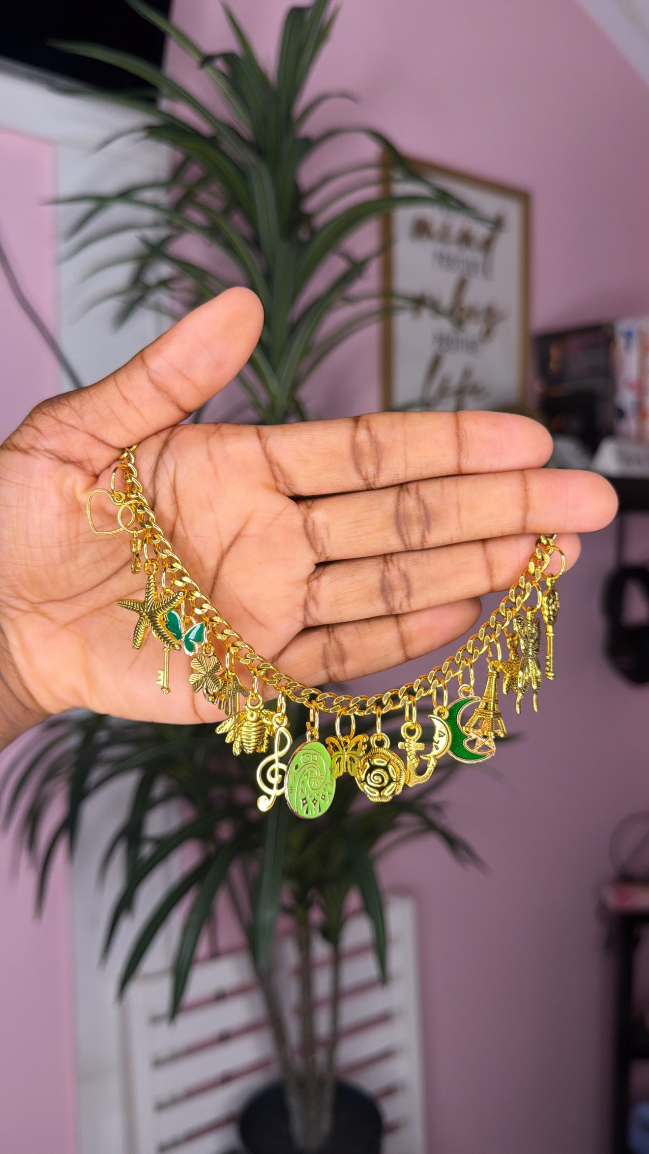 Green mixed charm bracelet (size small 6.5 inch)